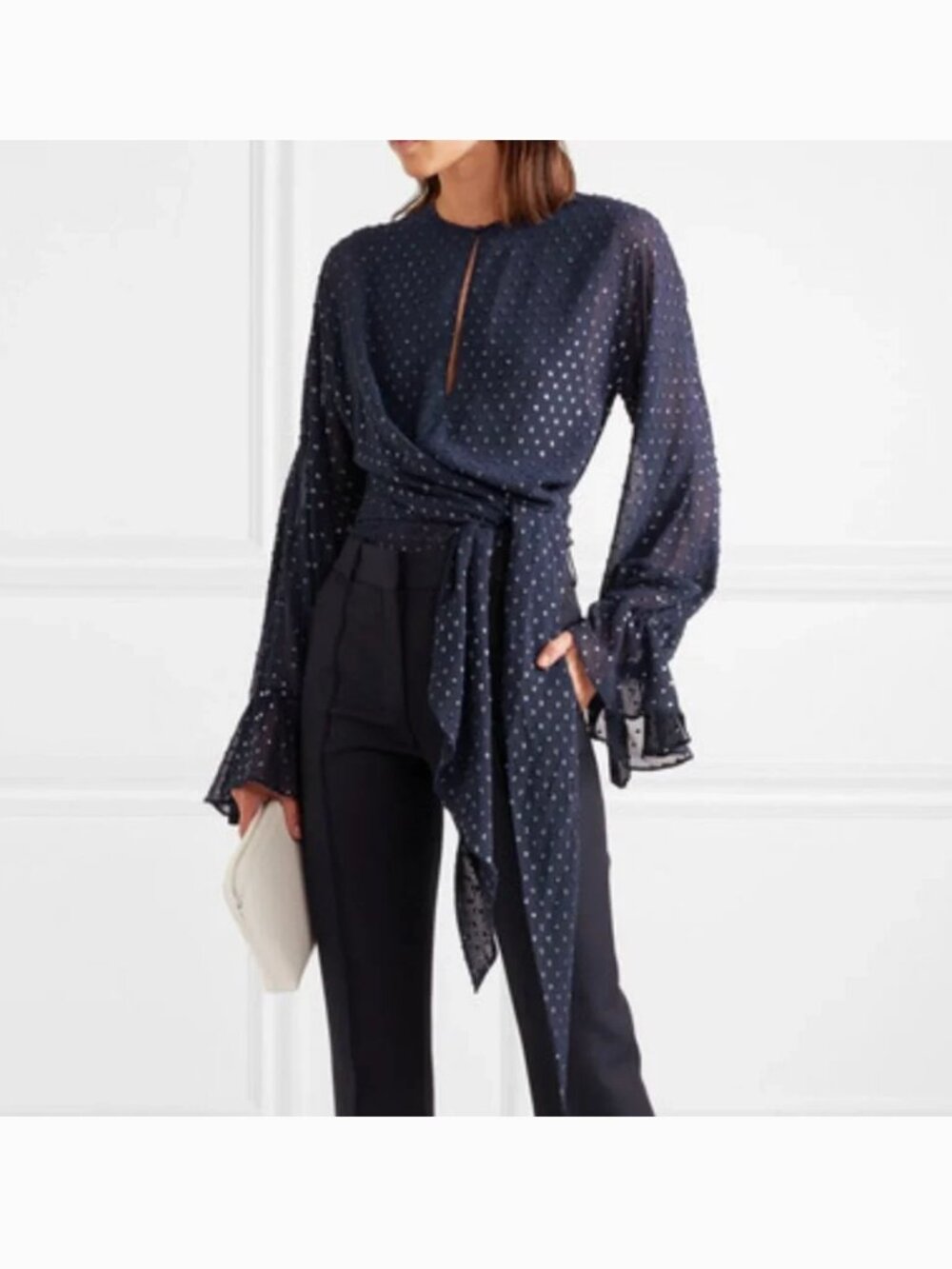 Jonathan Simkhai METALLIC WRAP BLOUSE IN MIDNIGHT​​​​ BLUE XS